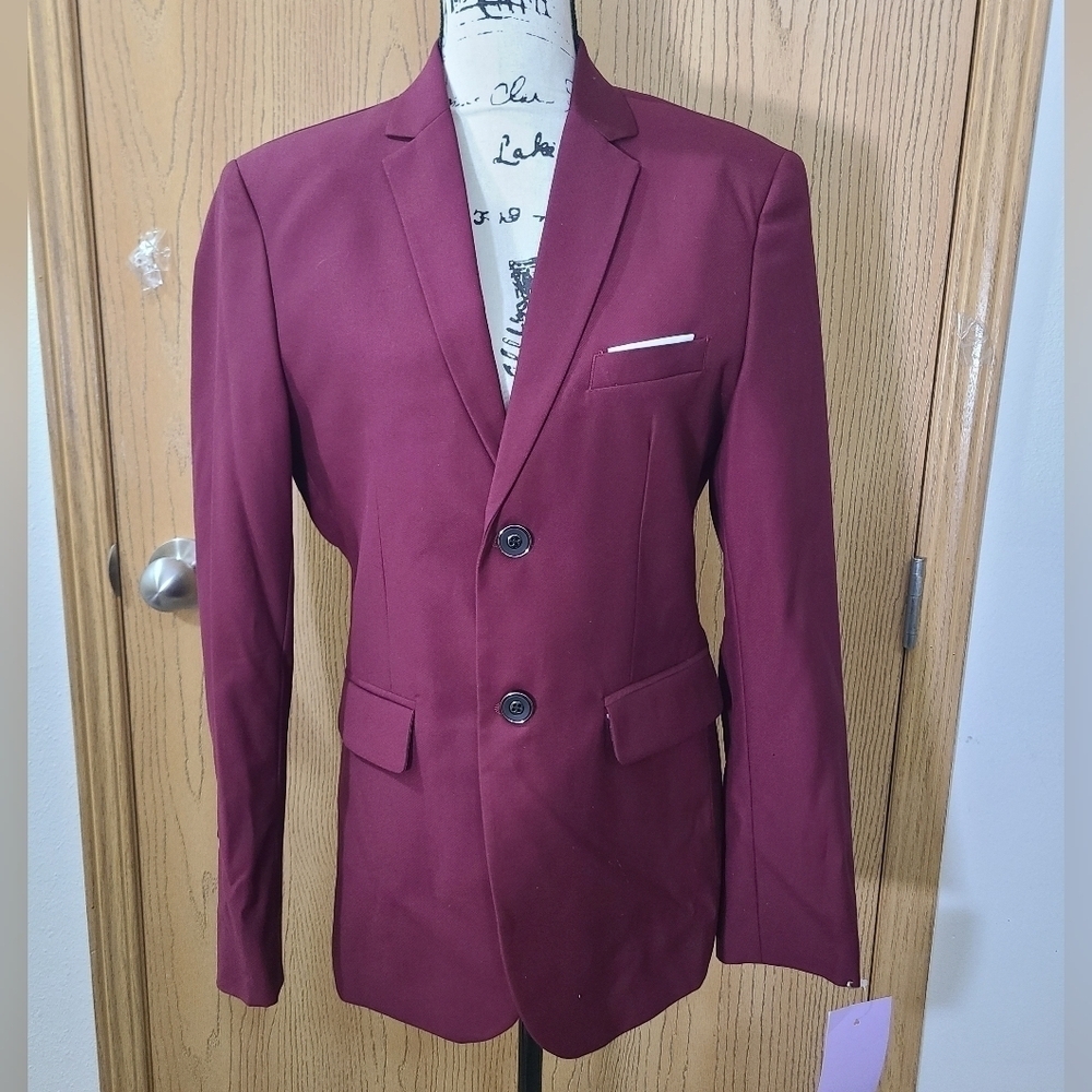 NWT Maroon Double Button Faux Pocket Square Suit Jacket Blazer